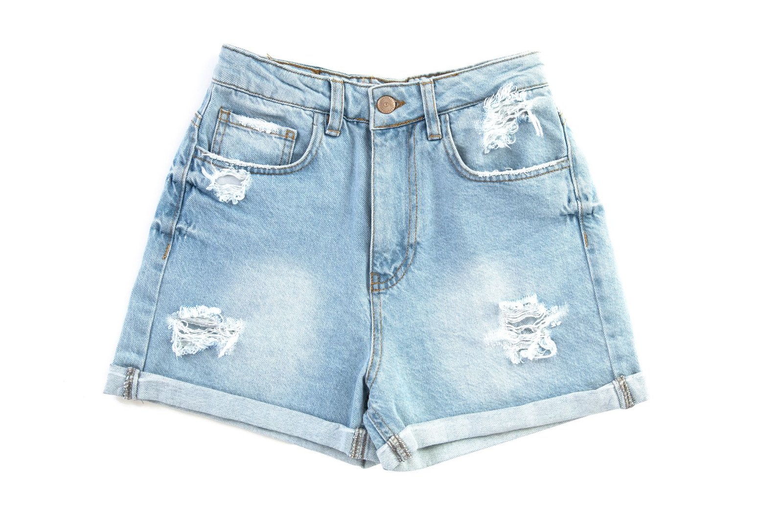 Trendy denim shorts with ripped details on a white background, perfect for casual fashion stock photography.
