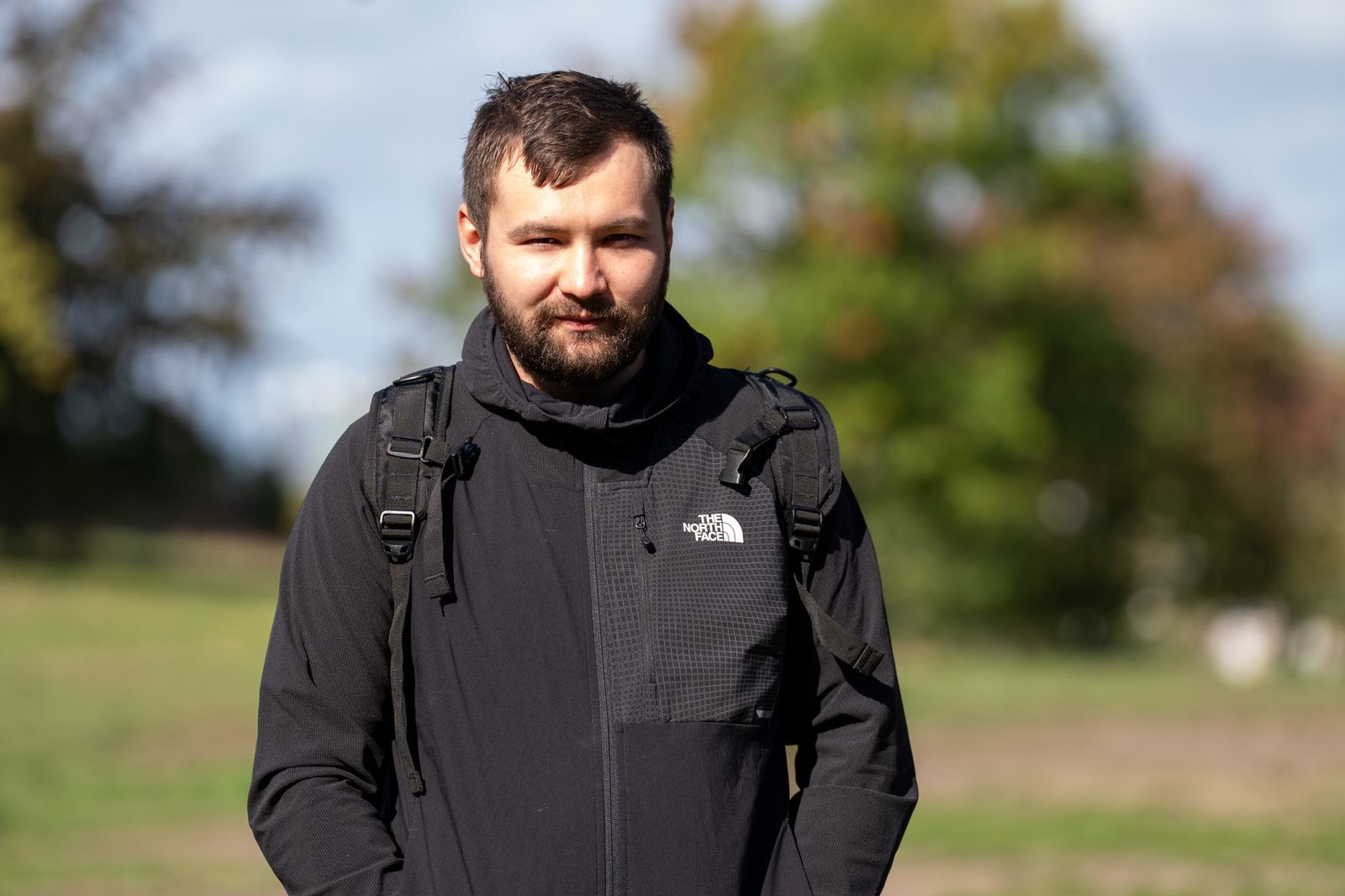 Technical shell jacket worn as urban streetwear