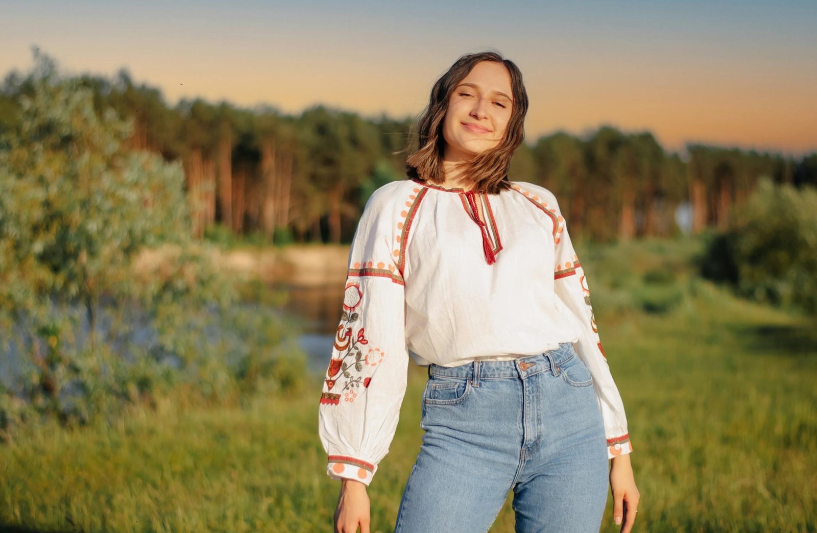 Embroidered blouse and wide leg jeans boho style