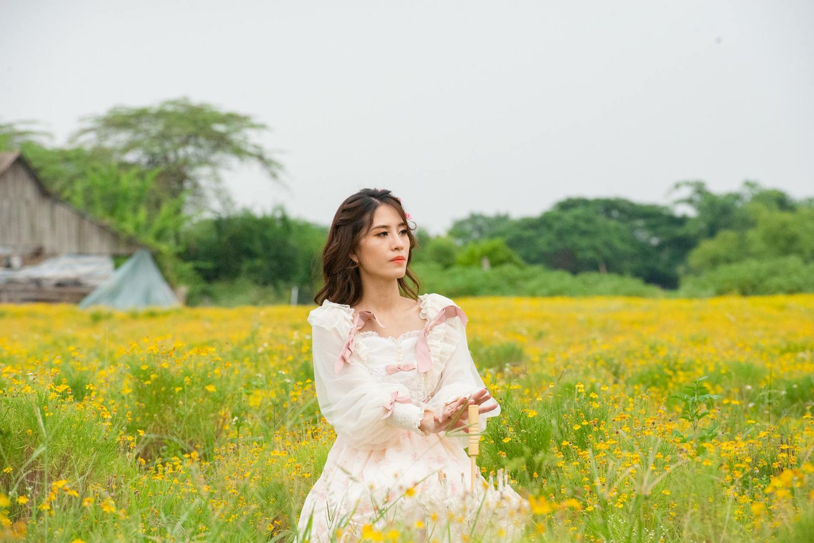 Cottagecore aesthetic floral midi dress in garden setting
