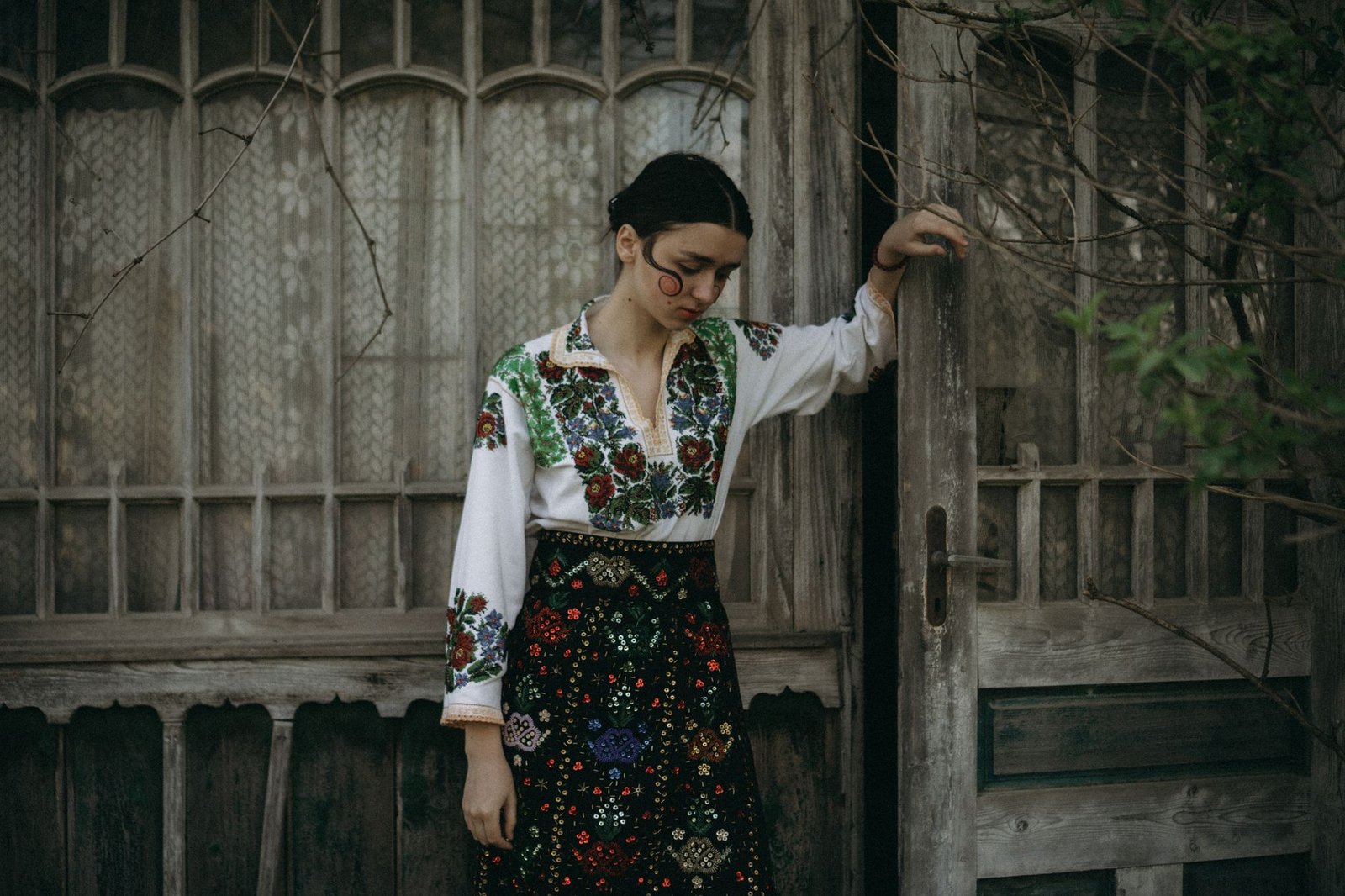 Cottagecore embroidered blouse with gathered skirt