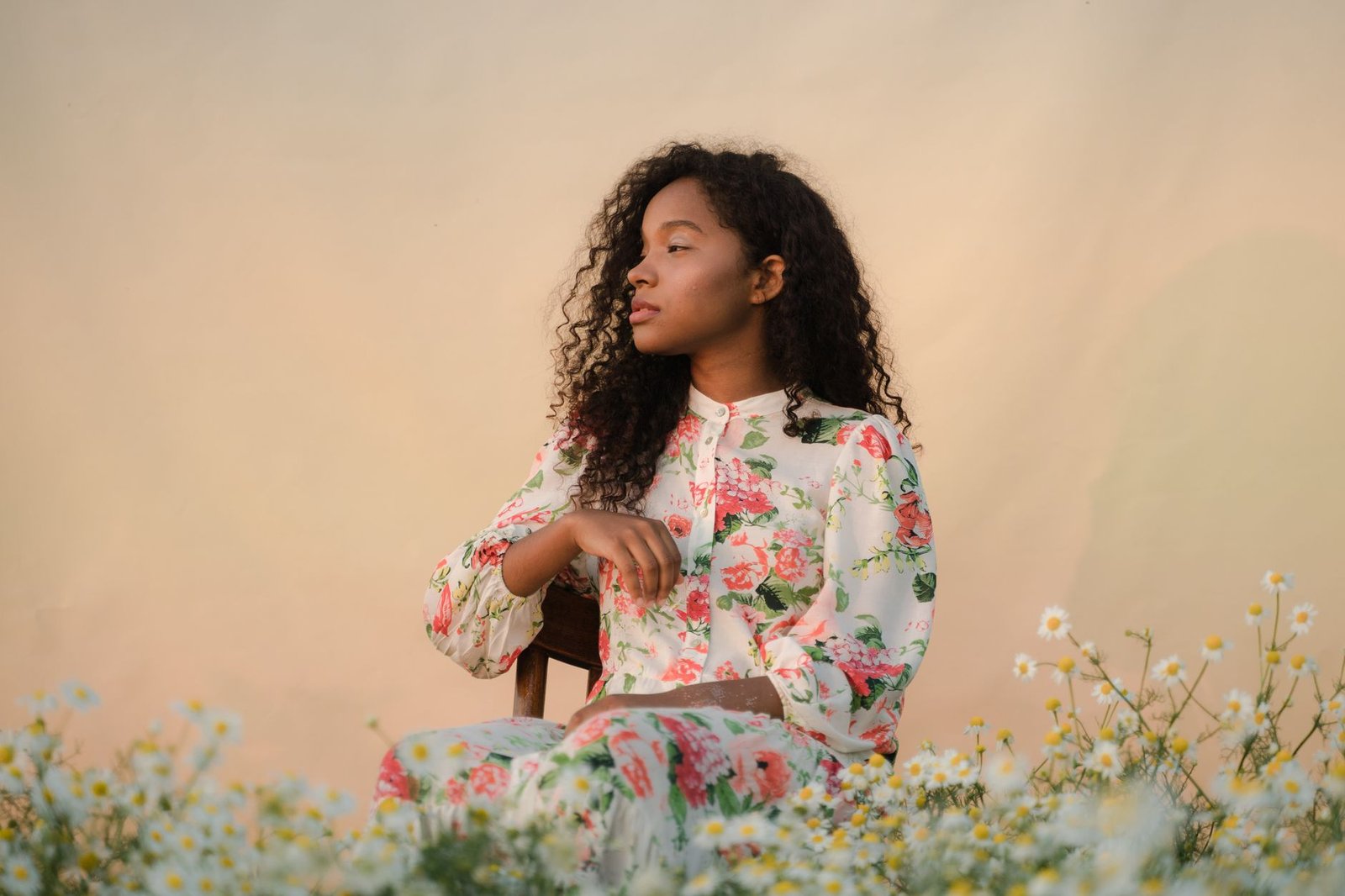 Botanical print dress with wildflower accessories