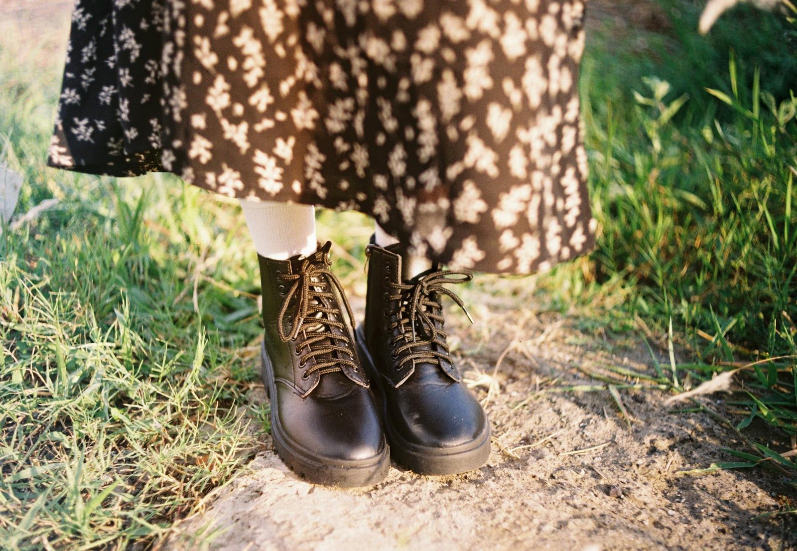 Grunge floral dress with combat boots high-low contrast