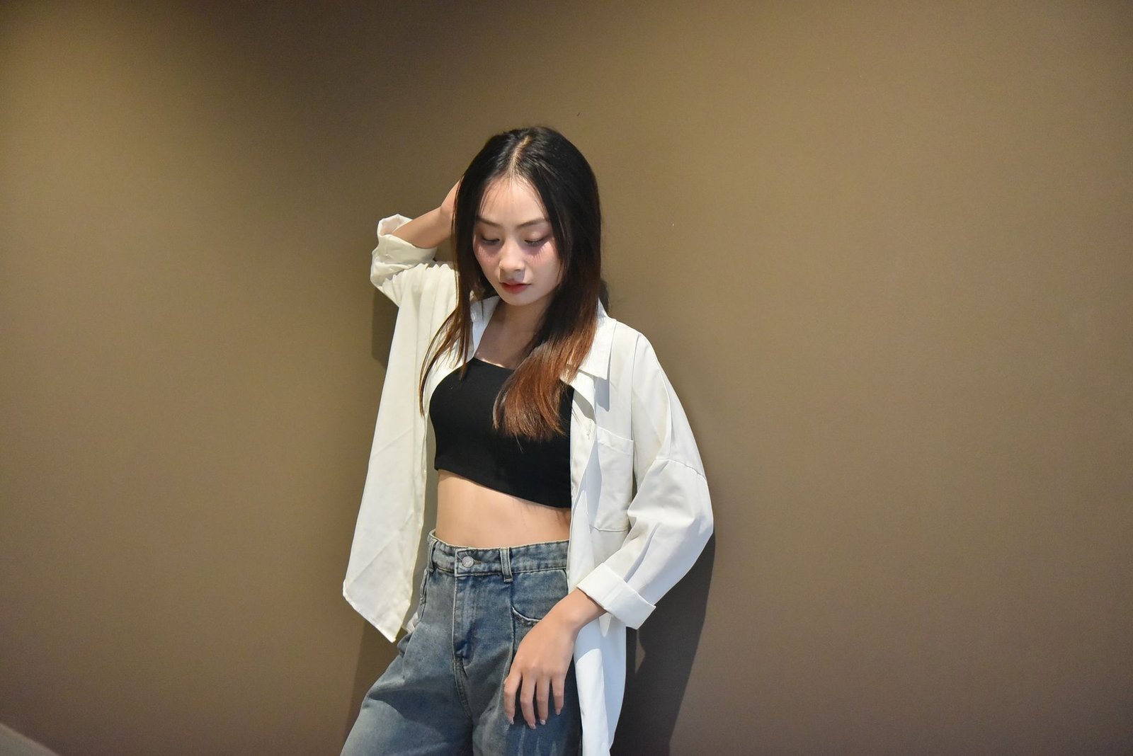 Light wash loose jeans women fashion simple casual street style top