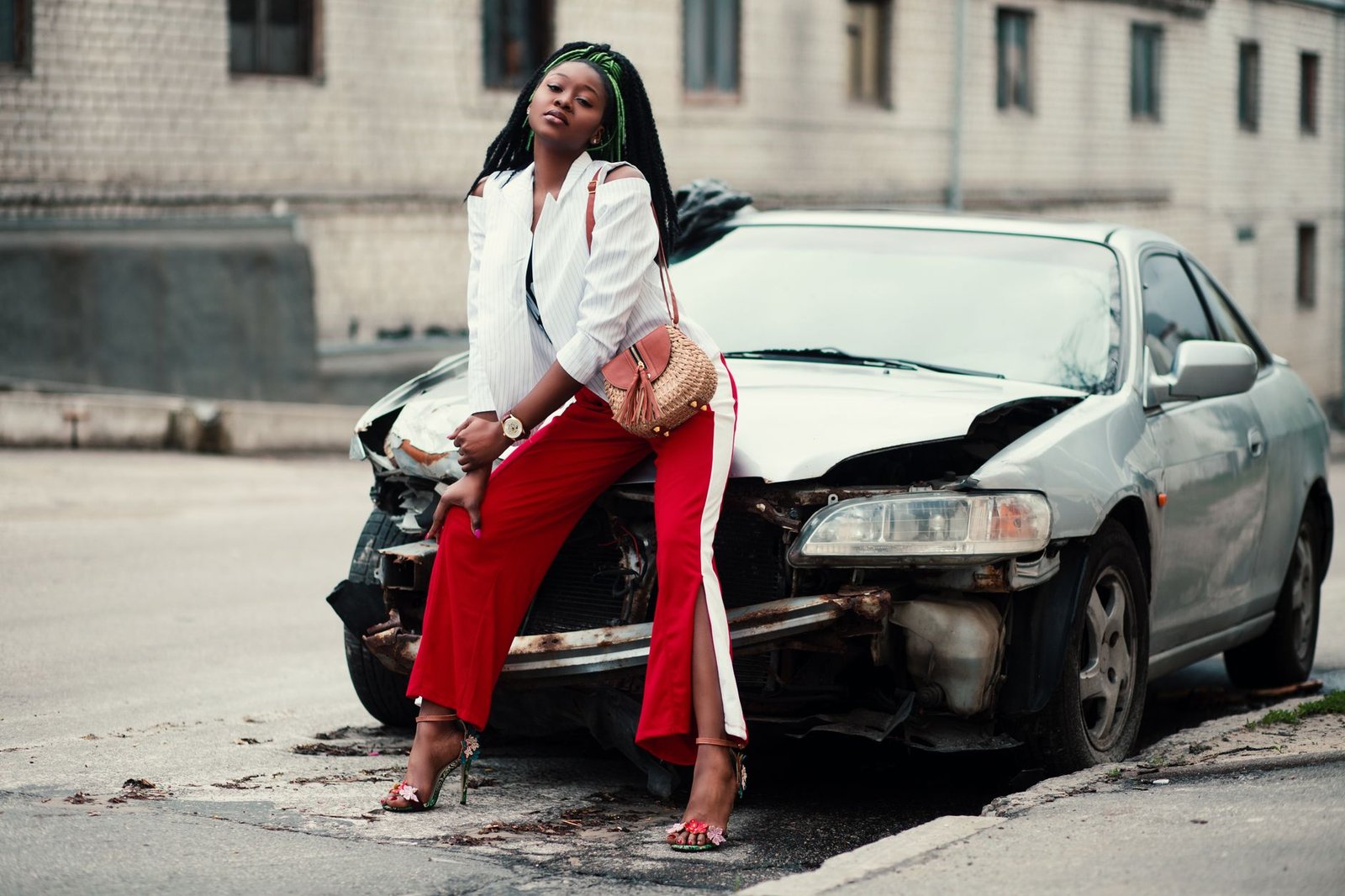 Red jeans white top women fashion street style bold casual outfit