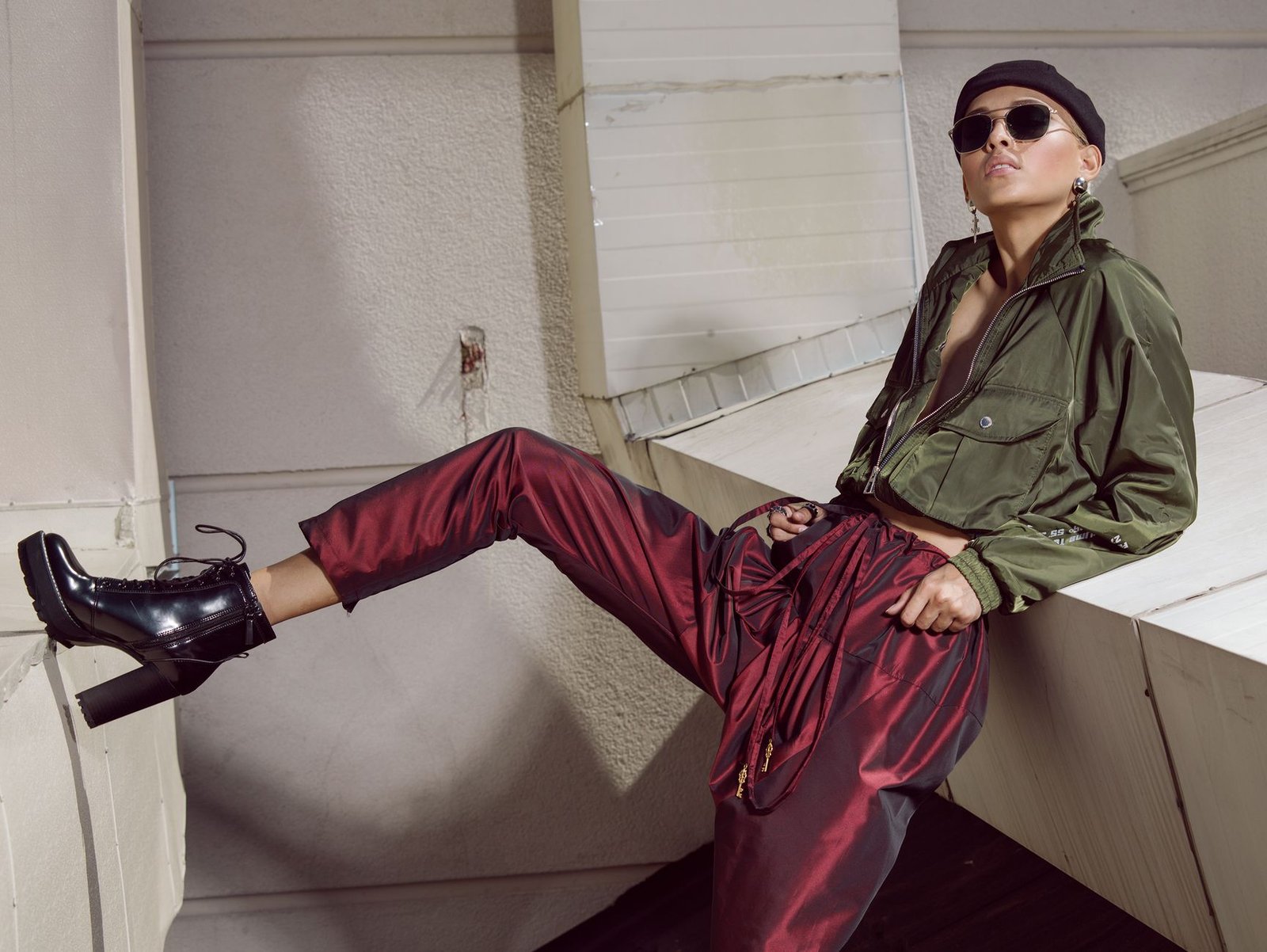 Faux leather trousers fitted outfit women fashion edgy