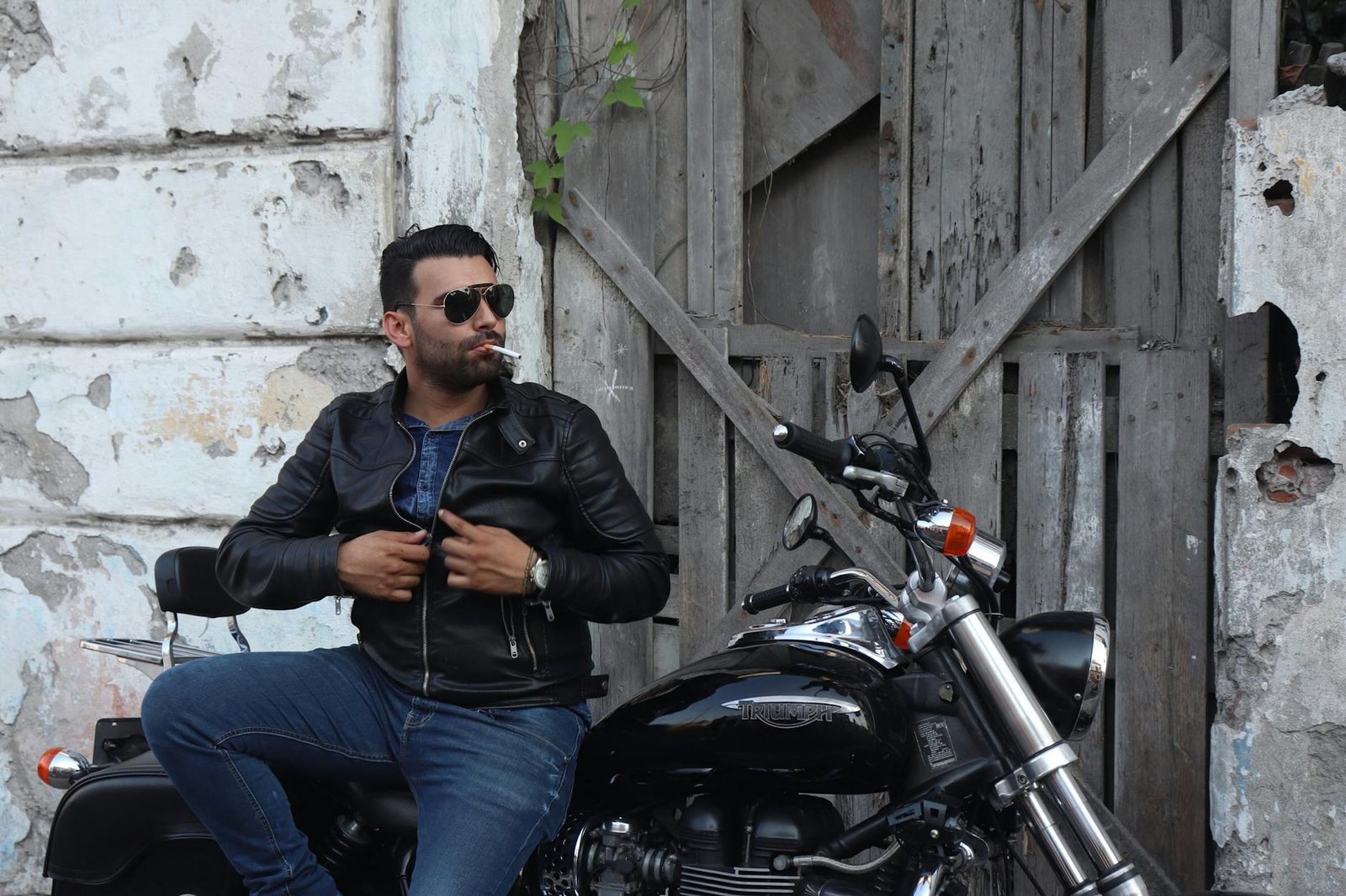 Leather jacket jeans tee classic biker fashion outfit
