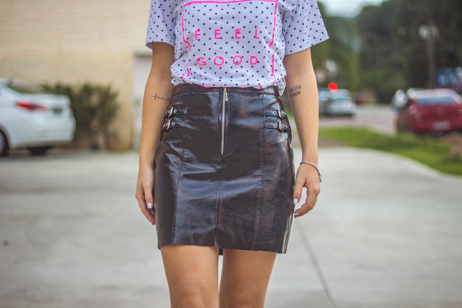 Midi skirt with fitted tee and trainers casual