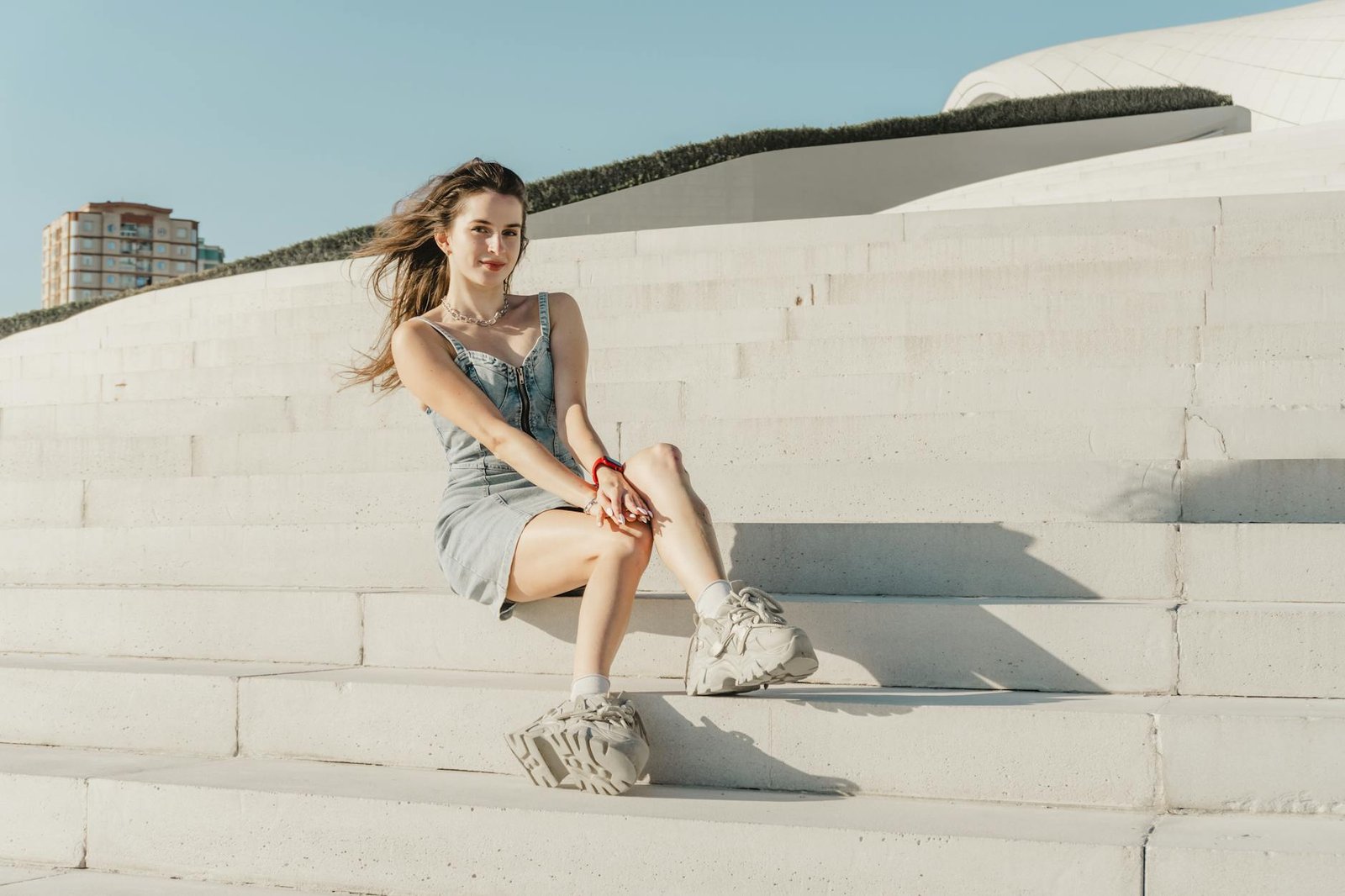 Denim shirt dress trainers casual street style