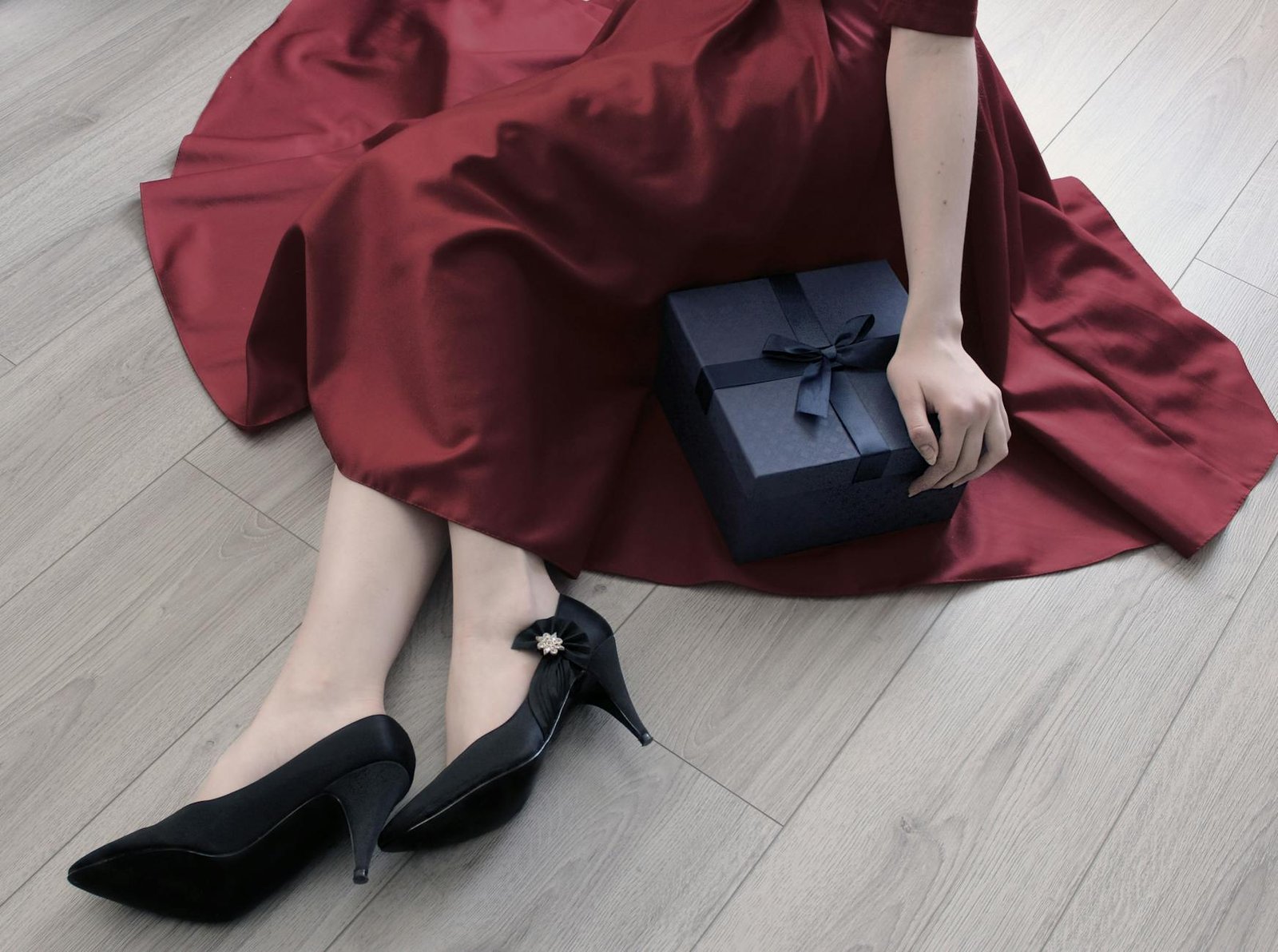 Satin slip dress evening outfit with heels