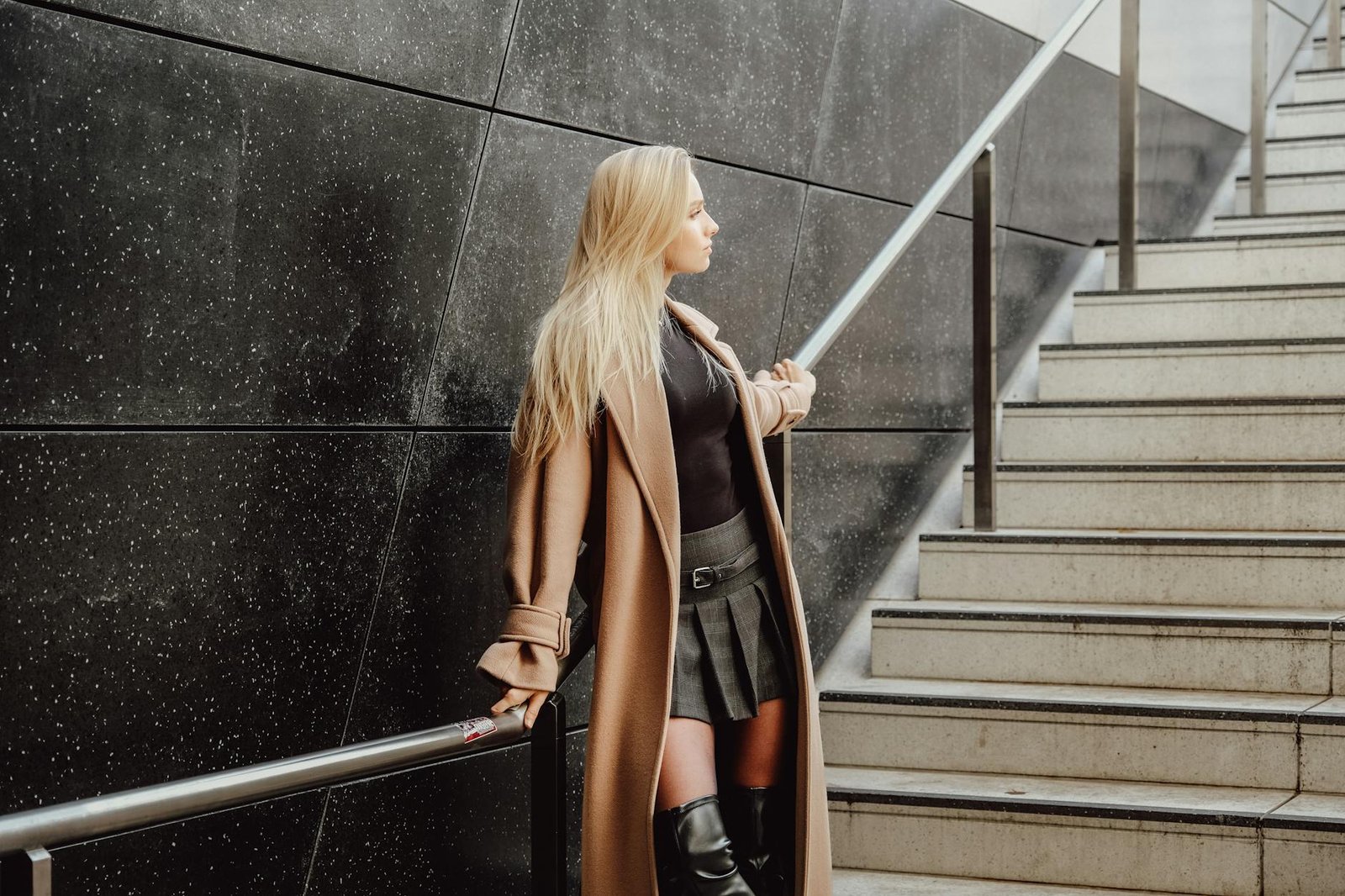 Trench coat dress heeled boots women fashion smart casual
