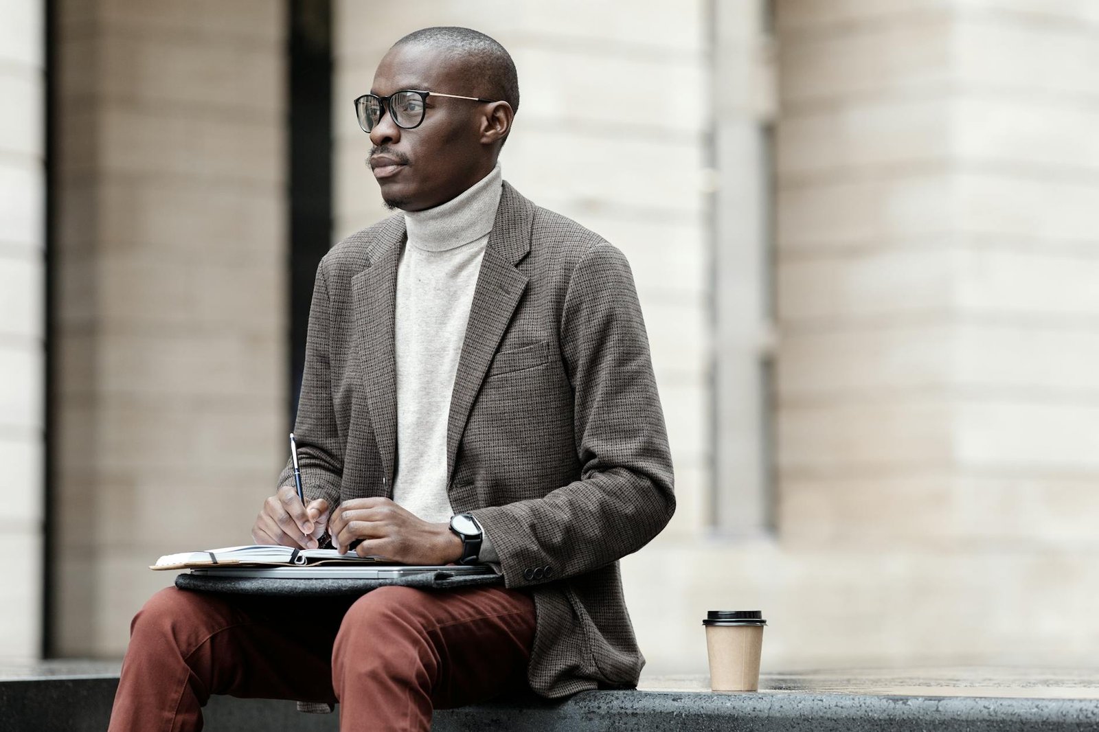 Turtleneck under blazer smart casual style
