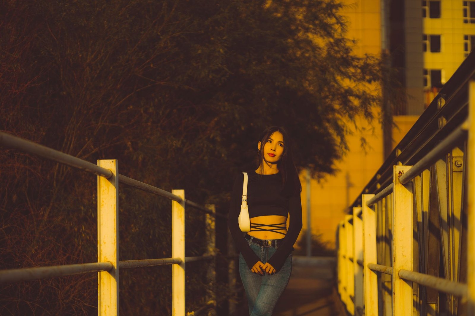 White jeans bold colour top street style fashion outfit