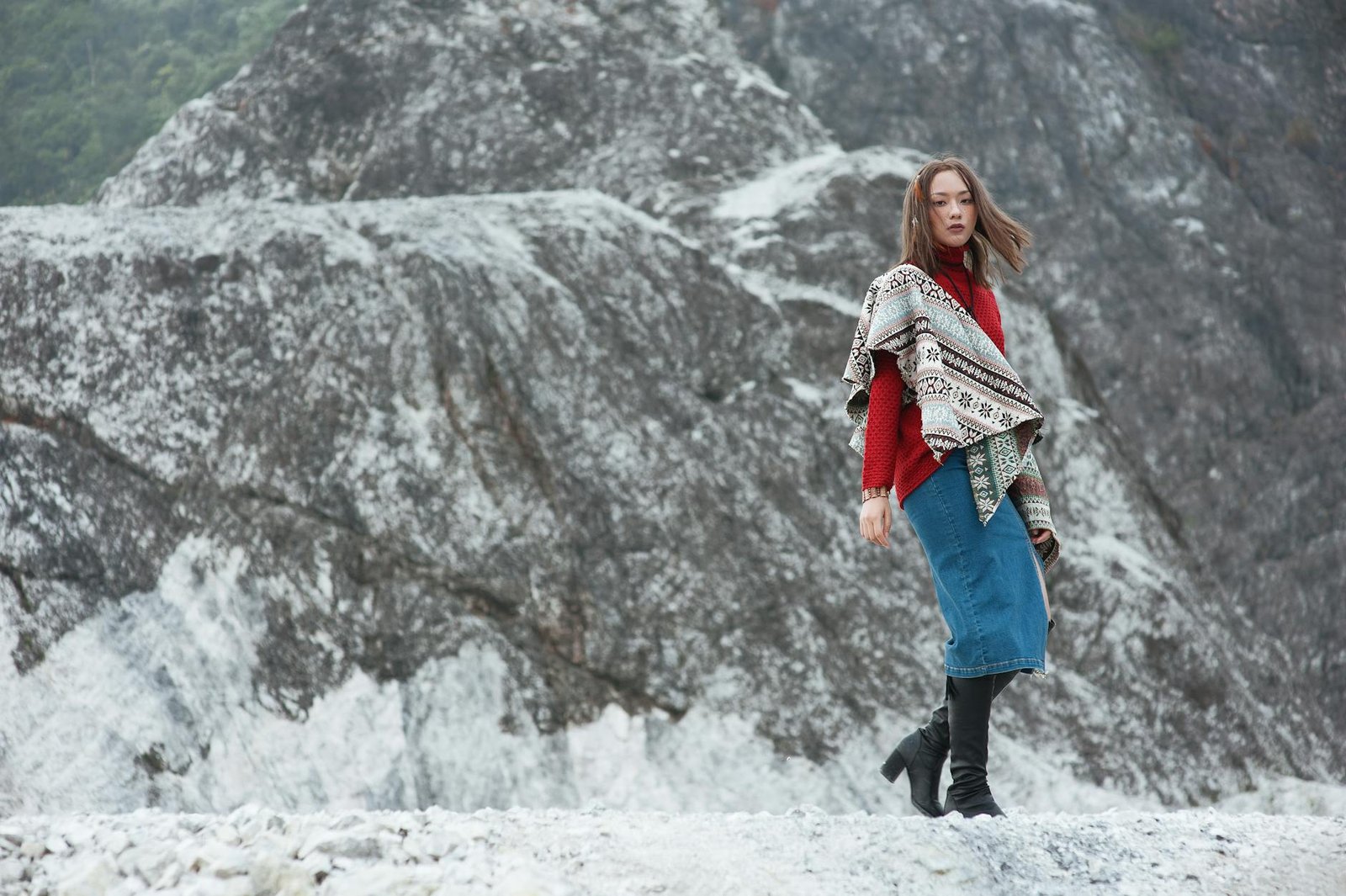 Tonal winter fashion jewel tone knitwear boots outfit